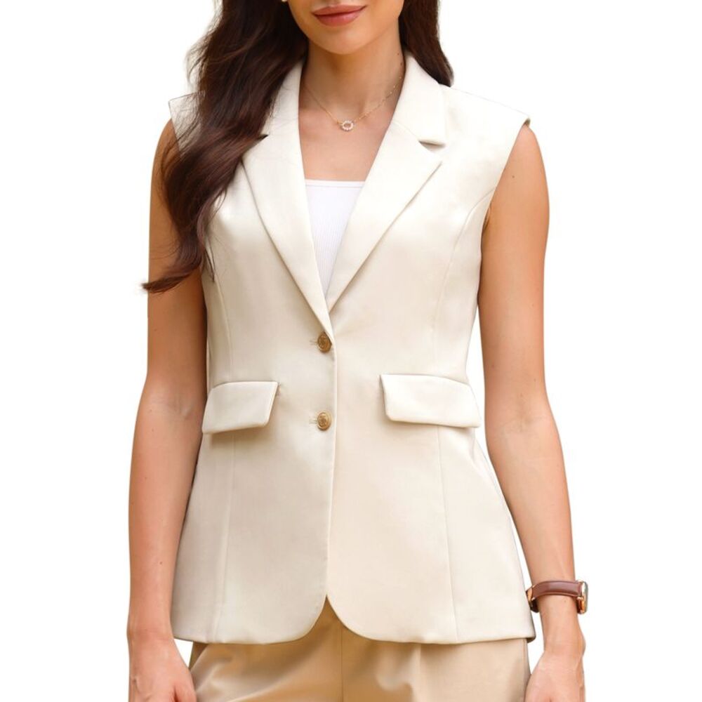 Women Business Casual Sleeveless Notch Lapel Blazer Vest Jacket Beige